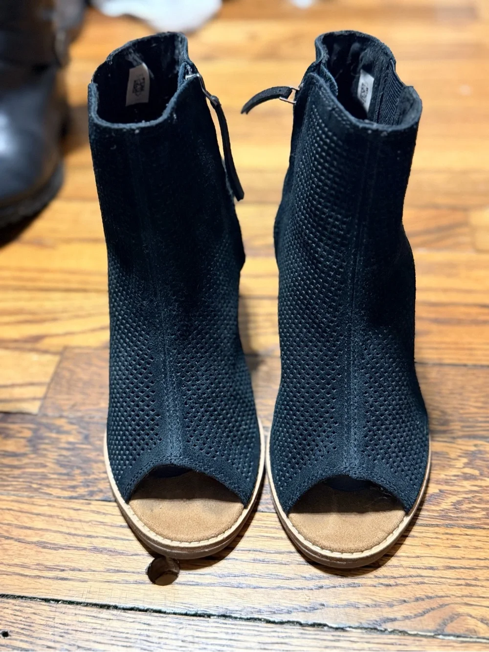 TOMS Majorca Black Suede Perforated Peep Toe Block Heel Booties Women’s 8